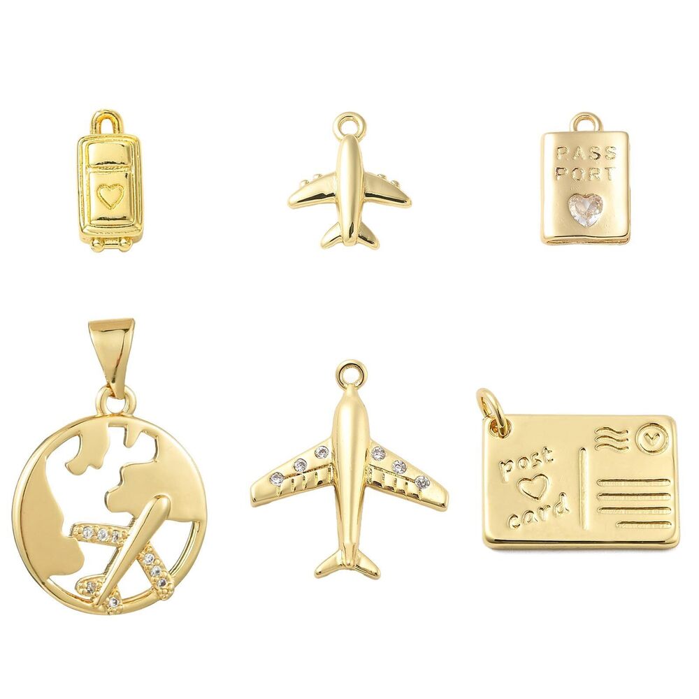 5579 6 pcs 6 Styles Cubic Zirconia Travel Charms Real 18K Gold Plated